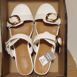 White Women's Slip-On Mules with Gold Buckle Accents